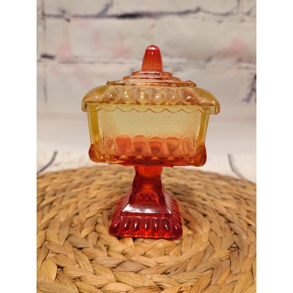 Vintage Jeannette Amberina Art Glass Covered Footed Candy Dish Wedding Box USA - Picture 4 of 7